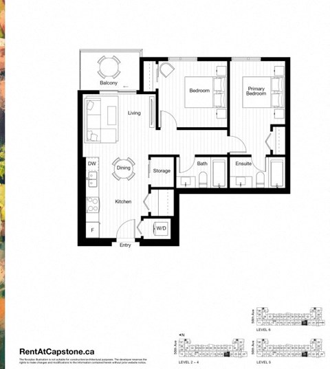 A black and white image of a floor plan for a two-level home with a balcony, two bedrooms, a living room, a dining room, a kitchen, a bathroom, and an entry way.